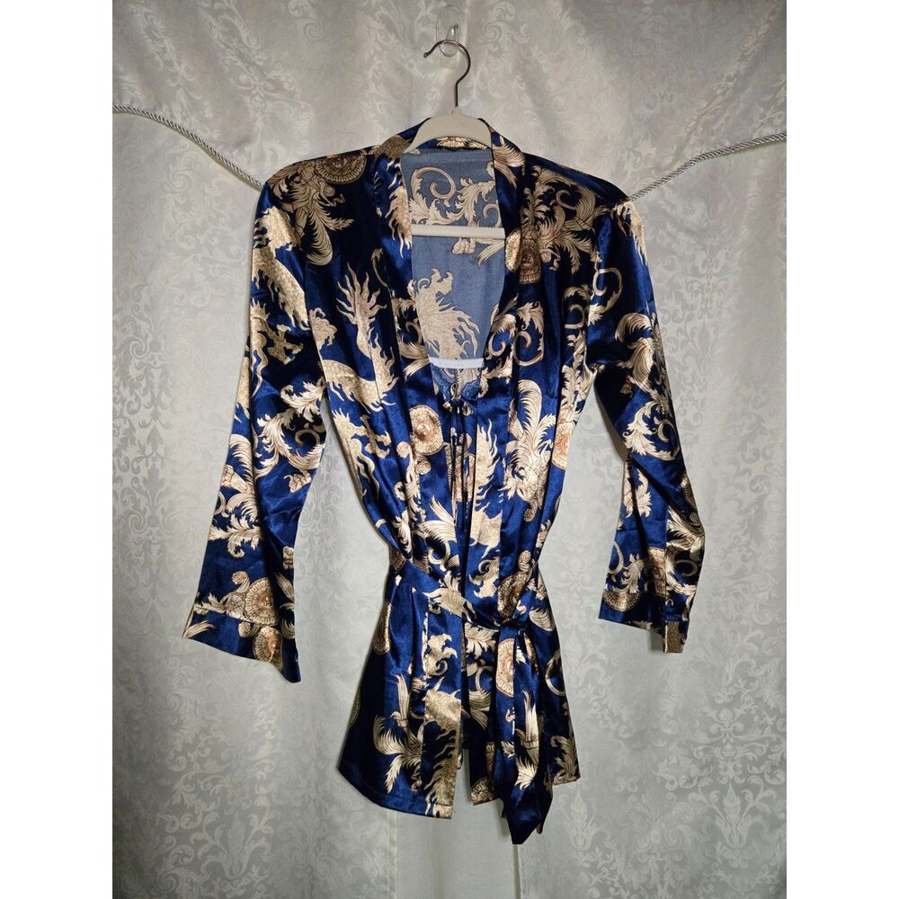 ARWSER Blue Gold Dragon Satin Robe Cami 2 Pc Pajama Set | S